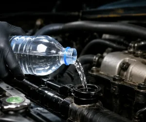 pessoa segurando uma garrafa de água e derramando água dentro do radiador do seu carro