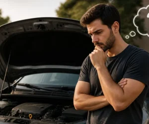 pessoa pensando se deve trocar ou não o óleo do seu carro antes do prazo